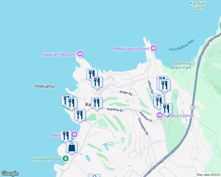 map of restaurants, bars, coffee shops, grocery stores, and more near 100 Ridge Road in Lahaina