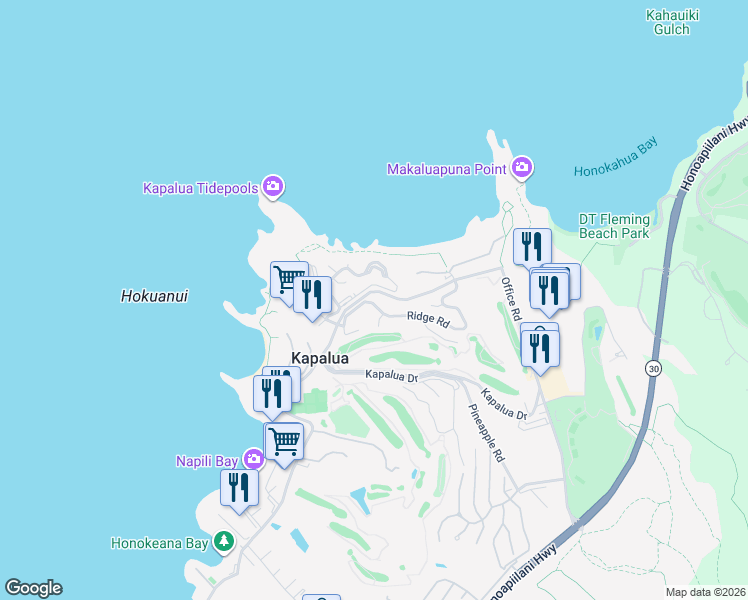map of restaurants, bars, coffee shops, grocery stores, and more near 100 Ridge Road in Lahaina