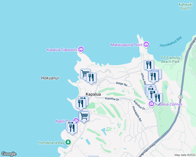 map of restaurants, bars, coffee shops, grocery stores, and more near 1 Bay Drive in Lahaina