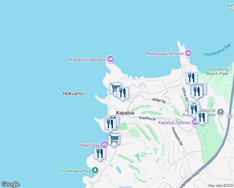 map of restaurants, bars, coffee shops, grocery stores, and more near 100 Bay Drive in Lahaina