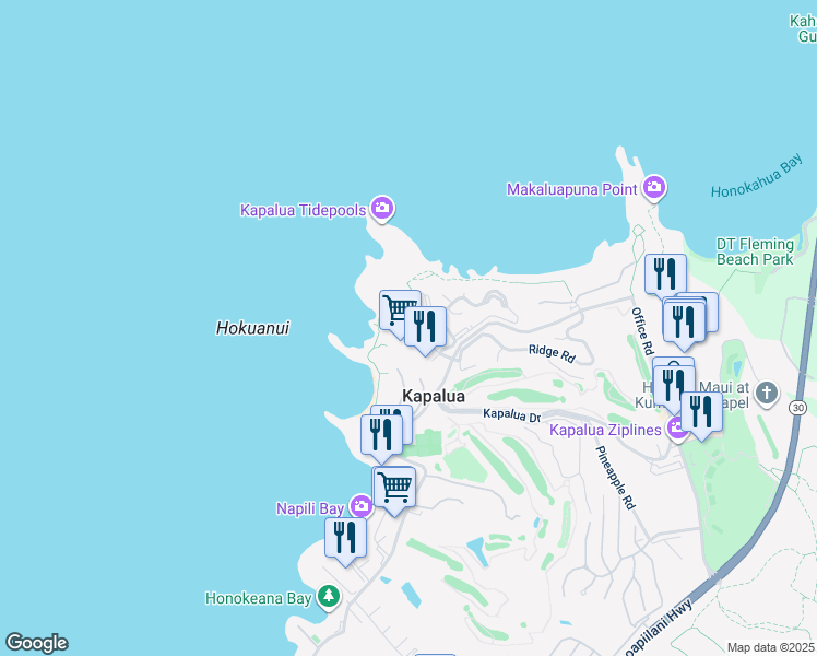 map of restaurants, bars, coffee shops, grocery stores, and more near 100 Bay Drive in Lahaina
