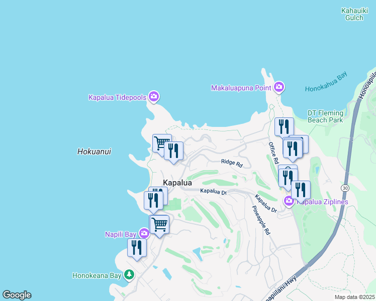 map of restaurants, bars, coffee shops, grocery stores, and more near 1 Bay Drive in Lahaina