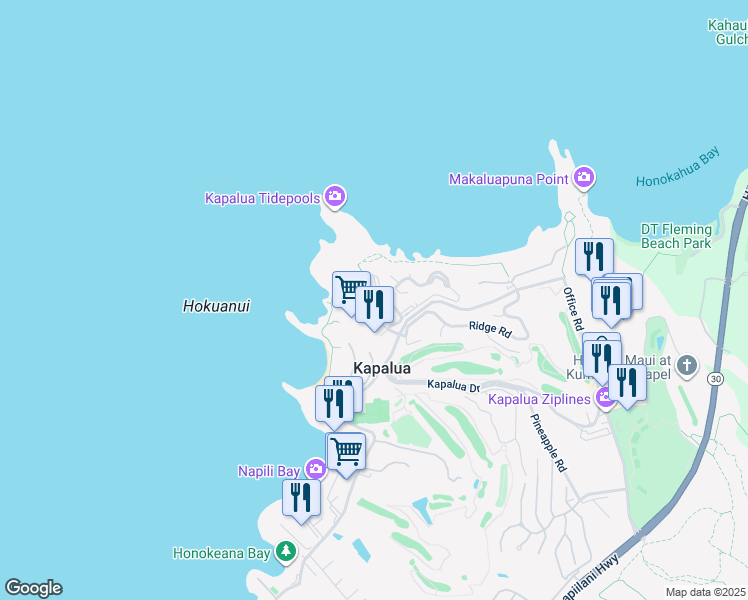 map of restaurants, bars, coffee shops, grocery stores, and more near 100 Bay Drive in Lahaina