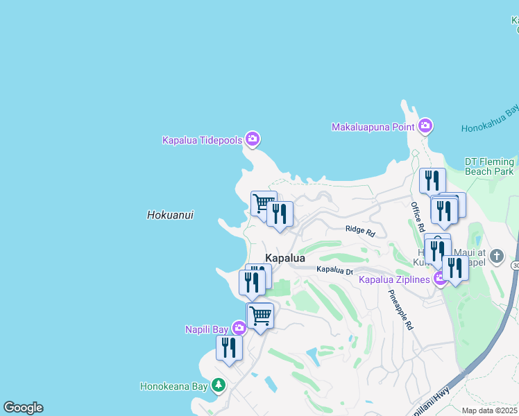 map of restaurants, bars, coffee shops, grocery stores, and more near 9 Bay Drive in Lahaina