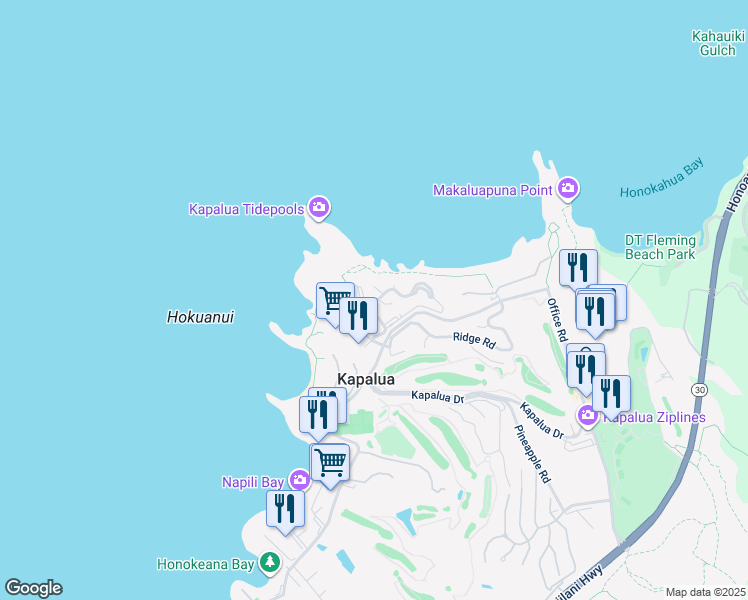 map of restaurants, bars, coffee shops, grocery stores, and more near 500 Bay Drive in Lahaina
