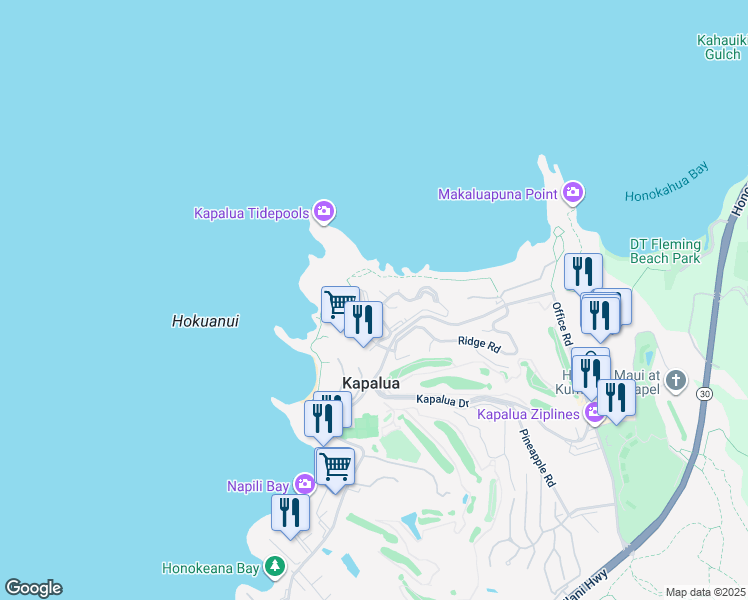 map of restaurants, bars, coffee shops, grocery stores, and more near 9 Bay Drive in Lahaina