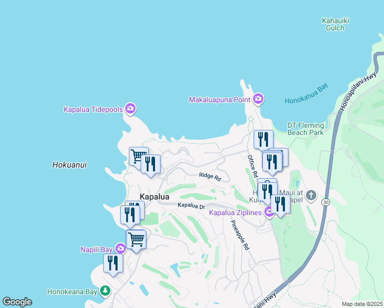 map of restaurants, bars, coffee shops, grocery stores, and more near 502-598 Bay Drive in Lahaina