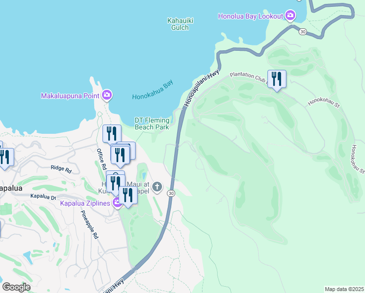 map of restaurants, bars, coffee shops, grocery stores, and more near 405 Mahana Ridge Street in Lahaina