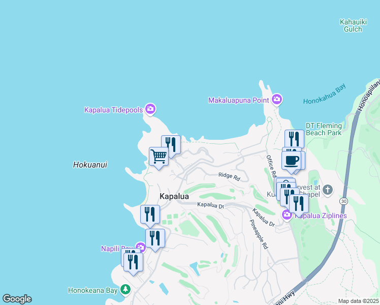 map of restaurants, bars, coffee shops, grocery stores, and more near 500 Bay Drive in Lahaina