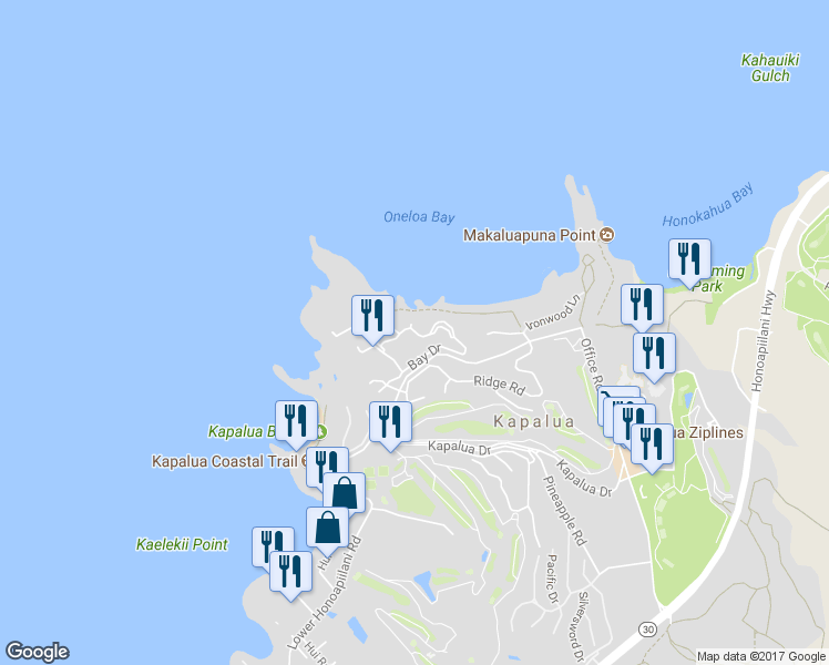 map of restaurants, bars, coffee shops, grocery stores, and more near 500 Bay Drive in Lahaina