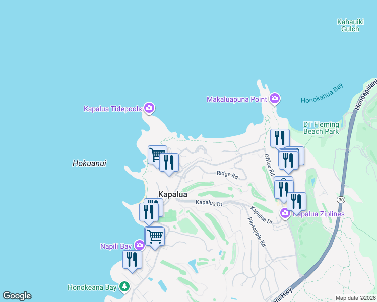 map of restaurants, bars, coffee shops, grocery stores, and more near 500 Bay Drive in Lahaina
