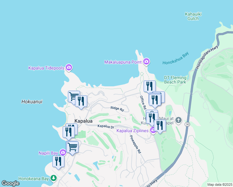 map of restaurants, bars, coffee shops, grocery stores, and more near 39 Kapalua Place in Lahaina