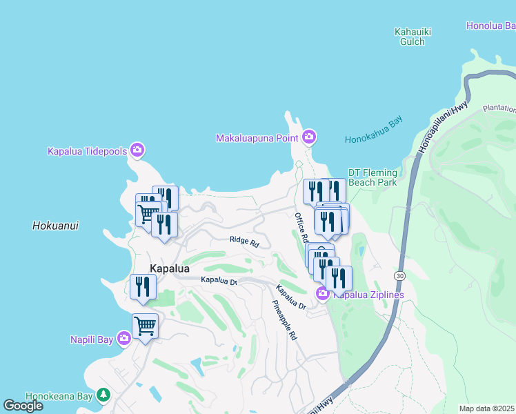 map of restaurants, bars, coffee shops, grocery stores, and more near 54 Ironwood Lane in Lahaina