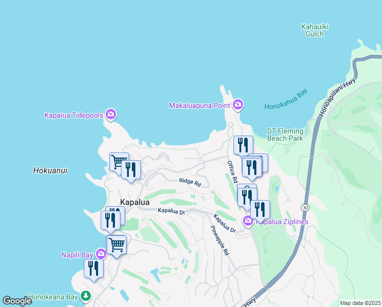 map of restaurants, bars, coffee shops, grocery stores, and more near 7 Kapalua Place in Lahaina
