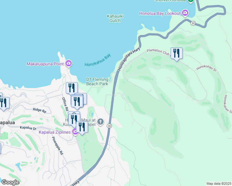 map of restaurants, bars, coffee shops, grocery stores, and more near 530 Mahana Ridge Street in Lahaina
