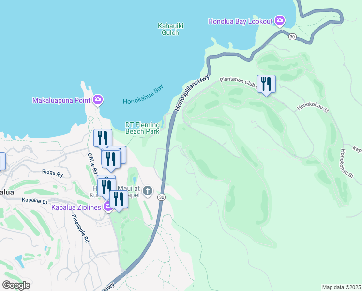 map of restaurants, bars, coffee shops, grocery stores, and more near Mahana Ridge Street in Kapalua