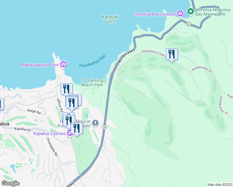 map of restaurants, bars, coffee shops, grocery stores, and more near Mahana Ridge Street in Kapalua