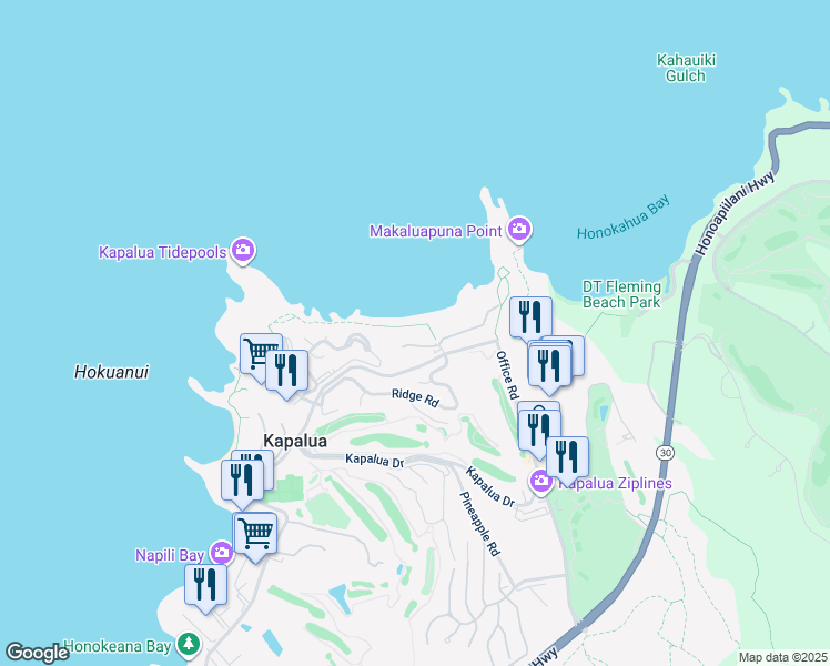 map of restaurants, bars, coffee shops, grocery stores, and more near 7 Kapalua Place in Lahaina