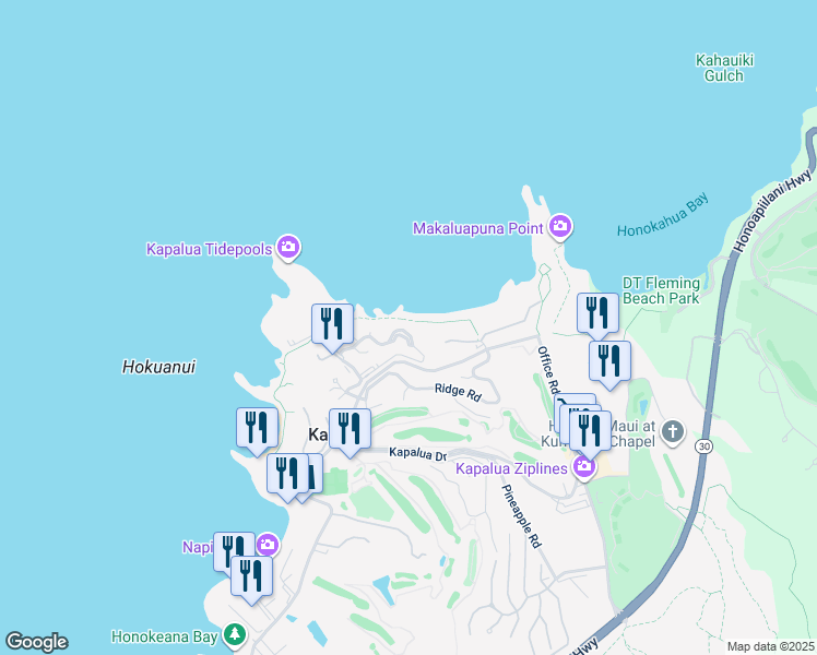 map of restaurants, bars, coffee shops, grocery stores, and more near 1 Kapalua Place in Lahaina