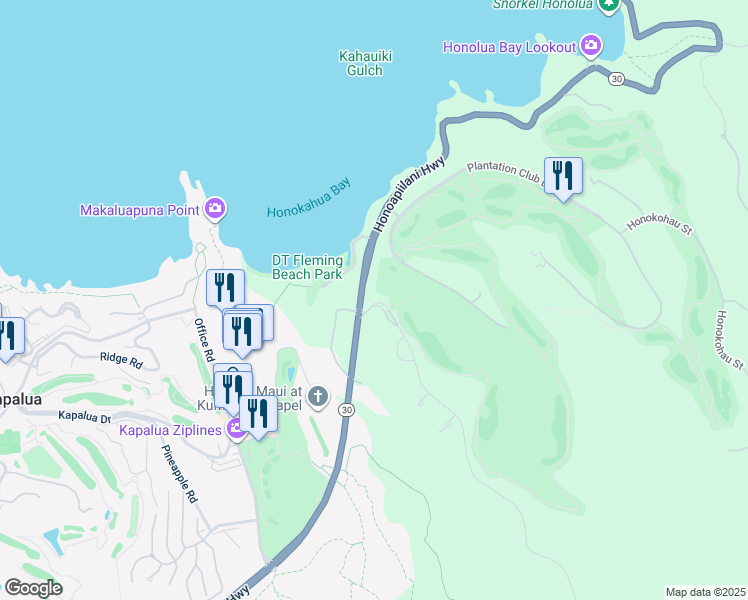 map of restaurants, bars, coffee shops, grocery stores, and more near 620 Mahana Ridge Street in Lahaina