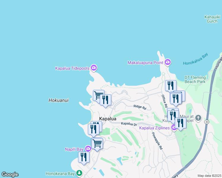 map of restaurants, bars, coffee shops, grocery stores, and more near 500 Bay Drive in Lahaina