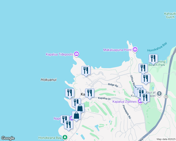 map of restaurants, bars, coffee shops, grocery stores, and more near 9 Bay Drive in Lahaina