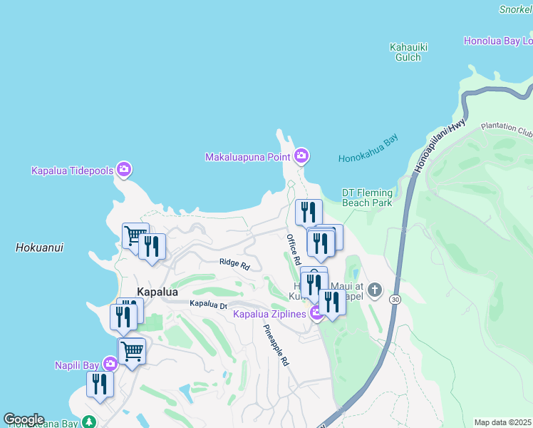 map of restaurants, bars, coffee shops, grocery stores, and more near 54 Ironwood Lane in Lahaina
