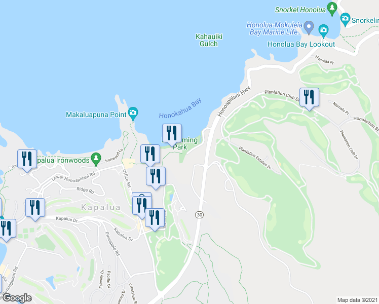map of restaurants, bars, coffee shops, grocery stores, and more near 5855 Lower Honoapiilani Road in Lahaina