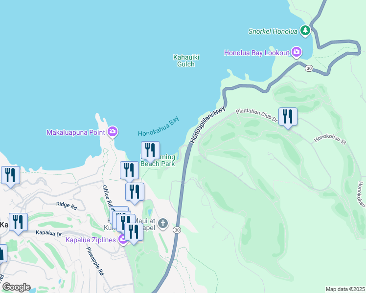 map of restaurants, bars, coffee shops, grocery stores, and more near Lower Honoapiilani Road in Lahaina