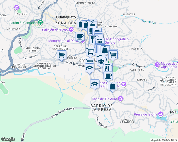 map of restaurants, bars, coffee shops, grocery stores, and more near 39B Boulevard Guanajuato in Guanajuato