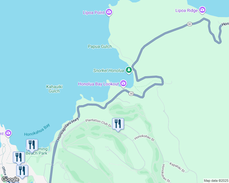 map of restaurants, bars, coffee shops, grocery stores, and more near 6501 Hawaii 30 in Lahaina