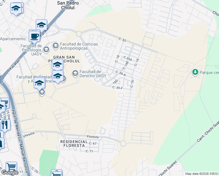 map of restaurants, bars, coffee shops, grocery stores, and more near 200 Calle 39-F in Mérida