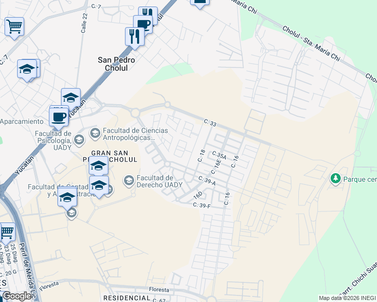 map of restaurants, bars, coffee shops, grocery stores, and more near 213 Calle 35b in Mérida