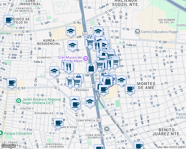 map of restaurants, bars, coffee shops, grocery stores, and more near Carretera Mérida - Progreso in Mérida