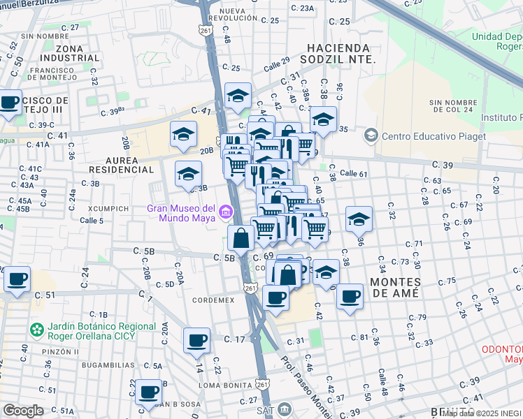 map of restaurants, bars, coffee shops, grocery stores, and more near in Mérida