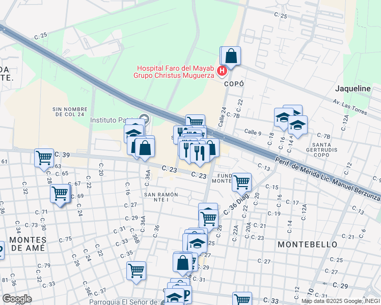 map of restaurants, bars, coffee shops, grocery stores, and more near Avenida Andres García Lavin in Mérida