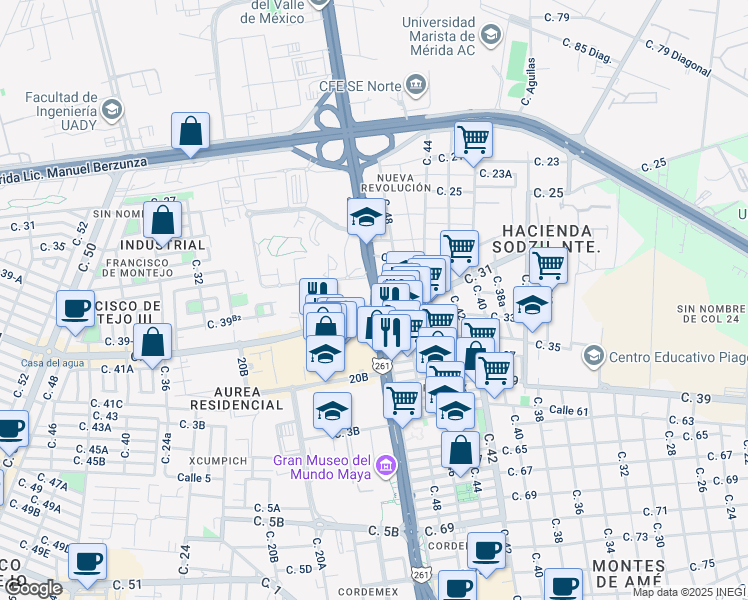 map of restaurants, bars, coffee shops, grocery stores, and more near Carretera Mérida - Progreso in Mérida