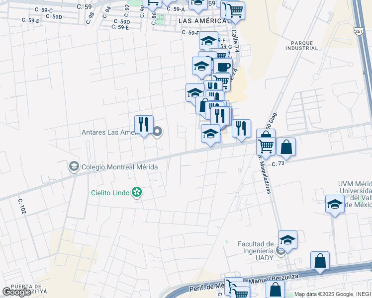 map of restaurants, bars, coffee shops, grocery stores, and more near in Mérida