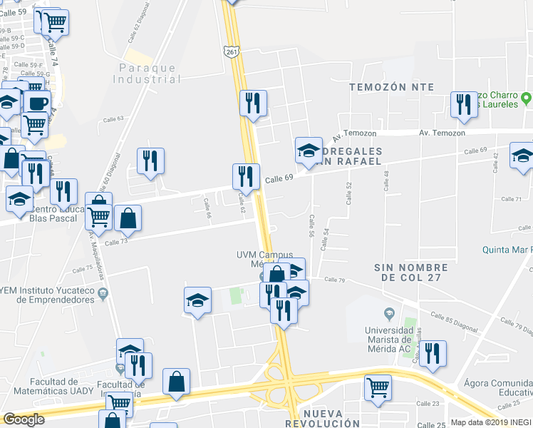 map of restaurants, bars, coffee shops, grocery stores, and more near Temozón in Mérida