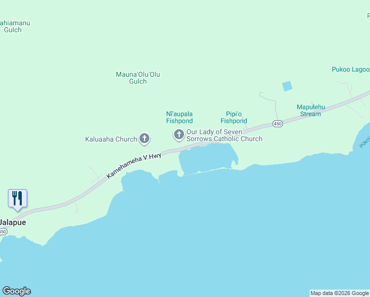 map of restaurants, bars, coffee shops, grocery stores, and more near 8011 Kamehameha V Highway in Kaunakakai