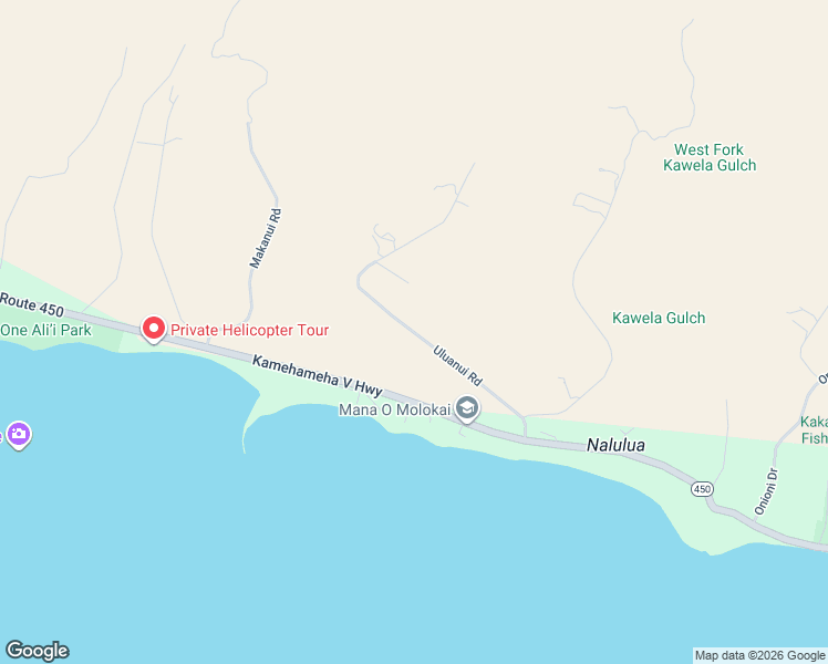 map of restaurants, bars, coffee shops, grocery stores, and more near Uluanui Road in Kaunakakai