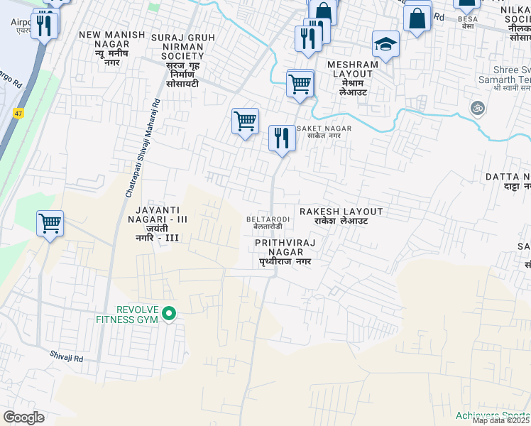 map of restaurants, bars, coffee shops, grocery stores, and more near Besa Beltarodi Road in Nagpur