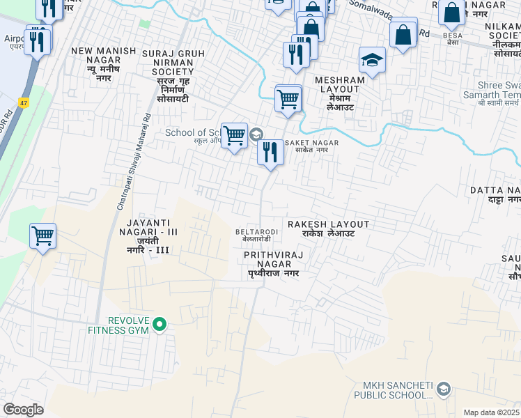 map of restaurants, bars, coffee shops, grocery stores, and more near Besa Beltarodi Road in Nagpur