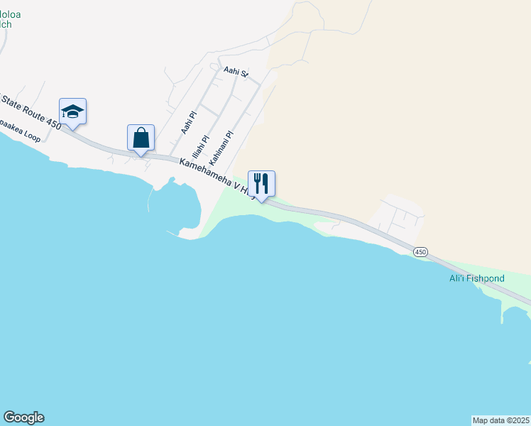 map of restaurants, bars, coffee shops, grocery stores, and more near 1300 Kamehameha V Highway in Kaunakakai