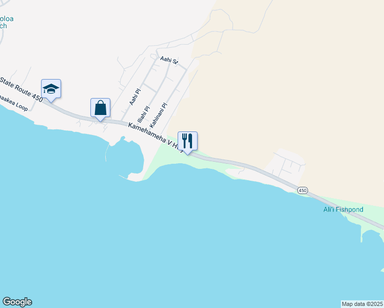 map of restaurants, bars, coffee shops, grocery stores, and more near 1300 Kamehameha V Highway in Kaunakakai