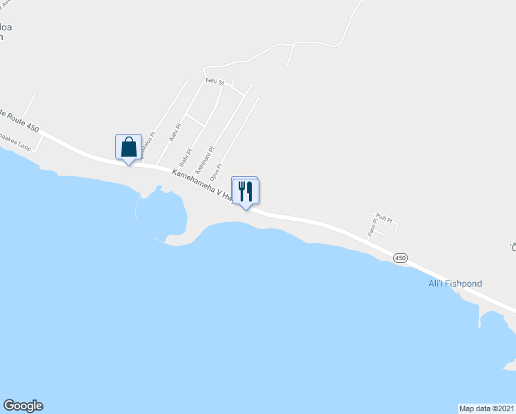 map of restaurants, bars, coffee shops, grocery stores, and more near 1295 Kamehameha V Highway in Kaunakakai