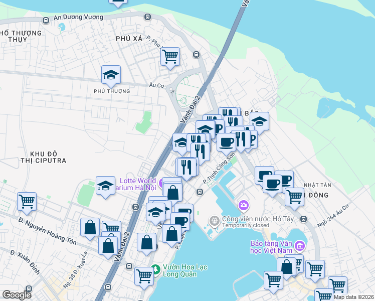 map of restaurants, bars, coffee shops, grocery stores, and more near Vườn Đào in Tây Hồ