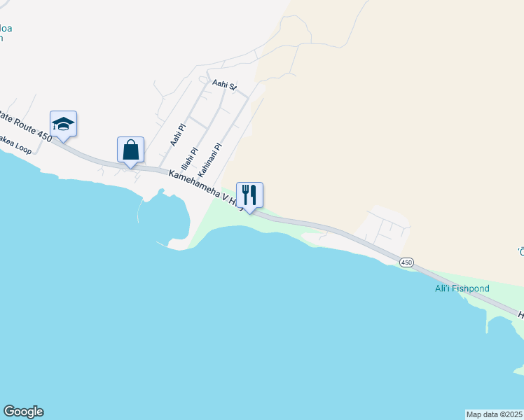 map of restaurants, bars, coffee shops, grocery stores, and more near 1295 Kamehameha V Highway in Kaunakakai