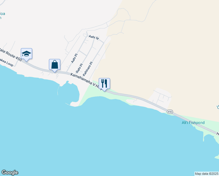 map of restaurants, bars, coffee shops, grocery stores, and more near 16 Ohai Alii Place in Kaunakakai