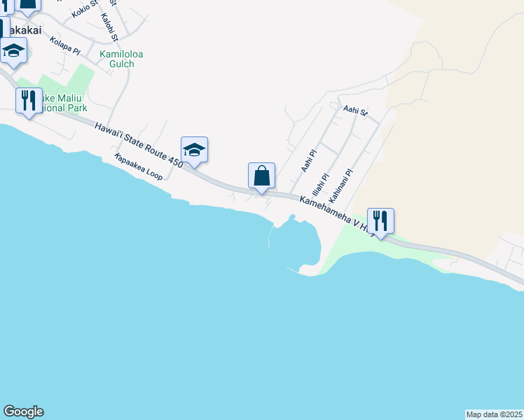 map of restaurants, bars, coffee shops, grocery stores, and more near Kamehameha V Highway in Kaunakakai